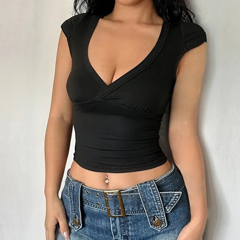 Aiertu Sexy Deep V Neck Crop Top Women Basic Solid Tee Shirts 2024 Summer New Fashion T-shirts Vintage Clubwear Ladies Clothing