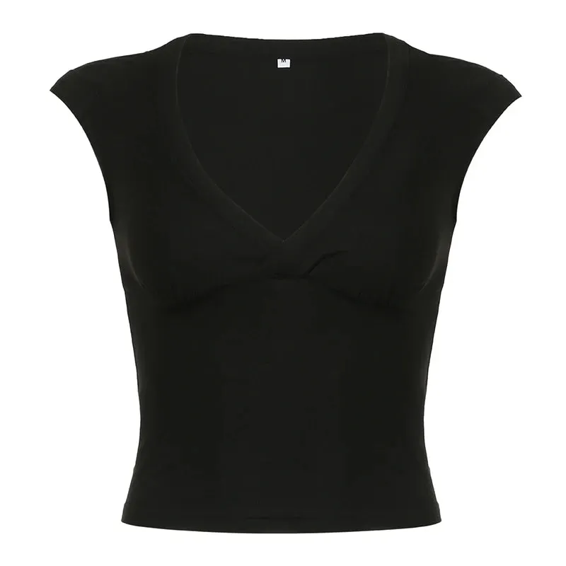 Aiertu Sexy Deep V Neck Crop Top Women Basic Solid Tee Shirts 2024 Summer New Fashion T-shirts Vintage Clubwear Ladies Clothing