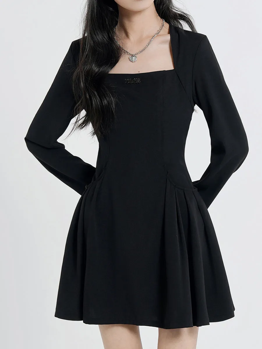 Black Square Collar Fluffy Dress