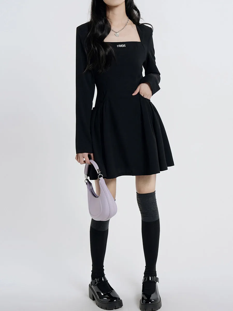 Black Square Collar Fluffy Dress