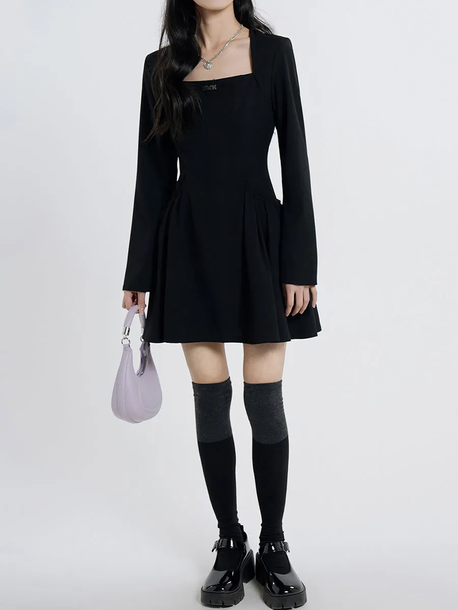 Black Square Collar Fluffy Dress