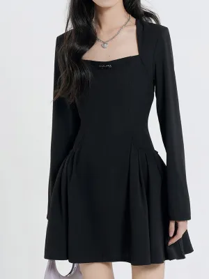 Black Square Collar Fluffy Dress