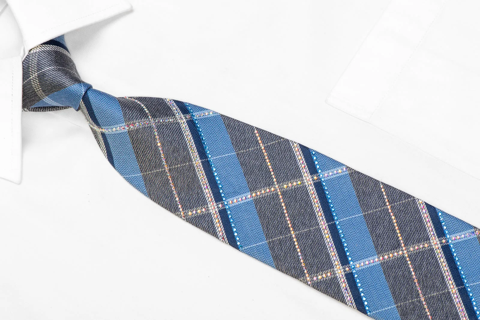 Blue Gray Plaid Rhinestone Silk Necktie