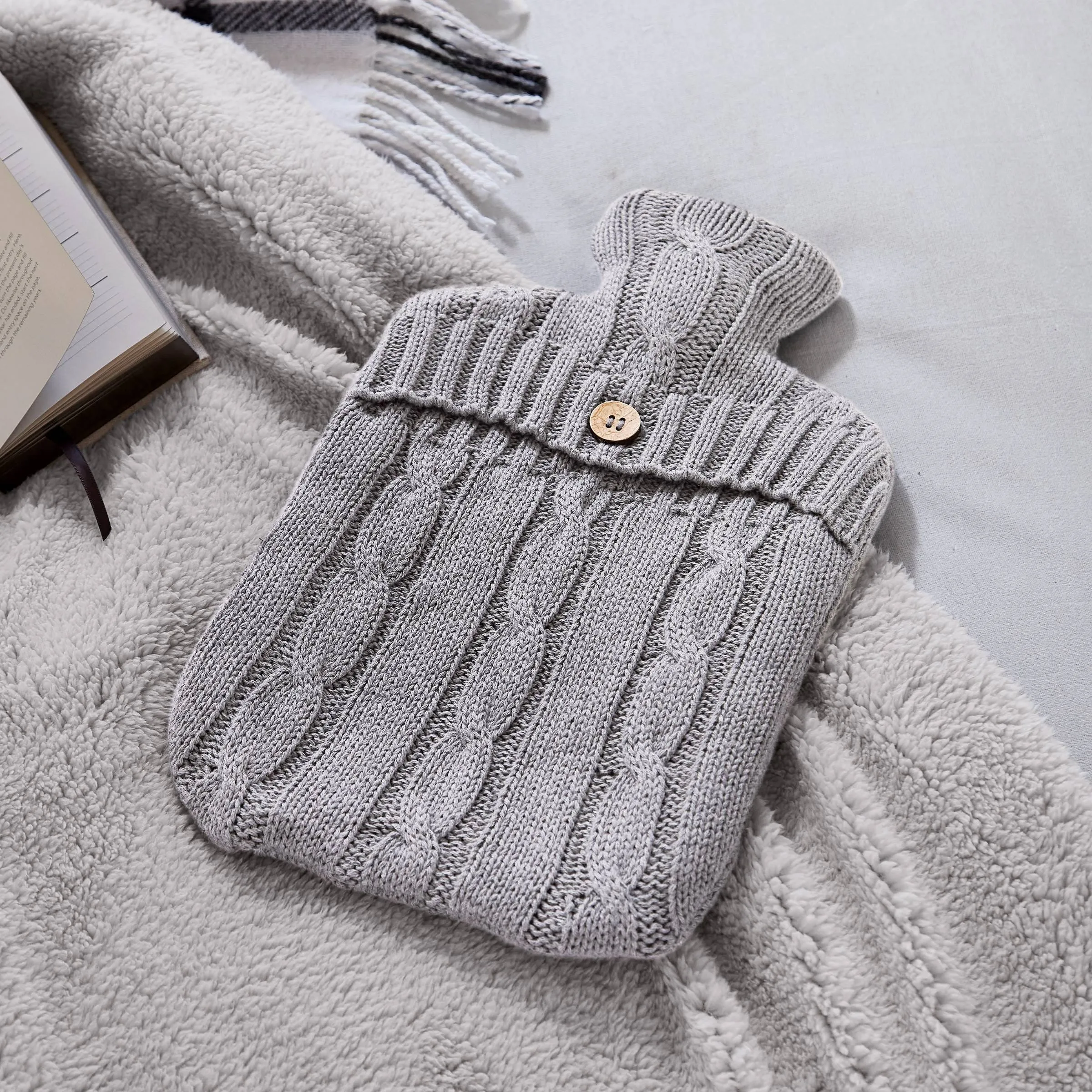 Cable Knit Hot Water Bottle & Cover, Cloud Grey