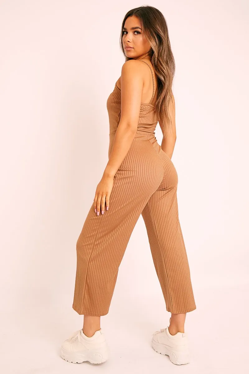 Camel Ribbed Wide Leg Jumpsuit - Elpha