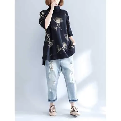 Casual Women Half Sleeve High Collor Printed Sweatshirts