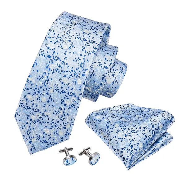 Classy Men Light Blue Floral Silk Necktie
