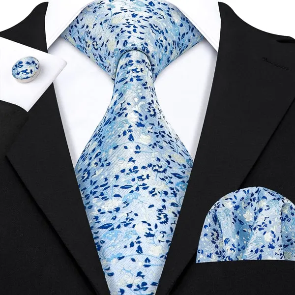 Classy Men Light Blue Floral Silk Necktie
