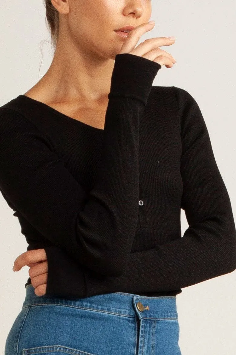 Clover Silk-Cotton Henley Long Sleeve Top