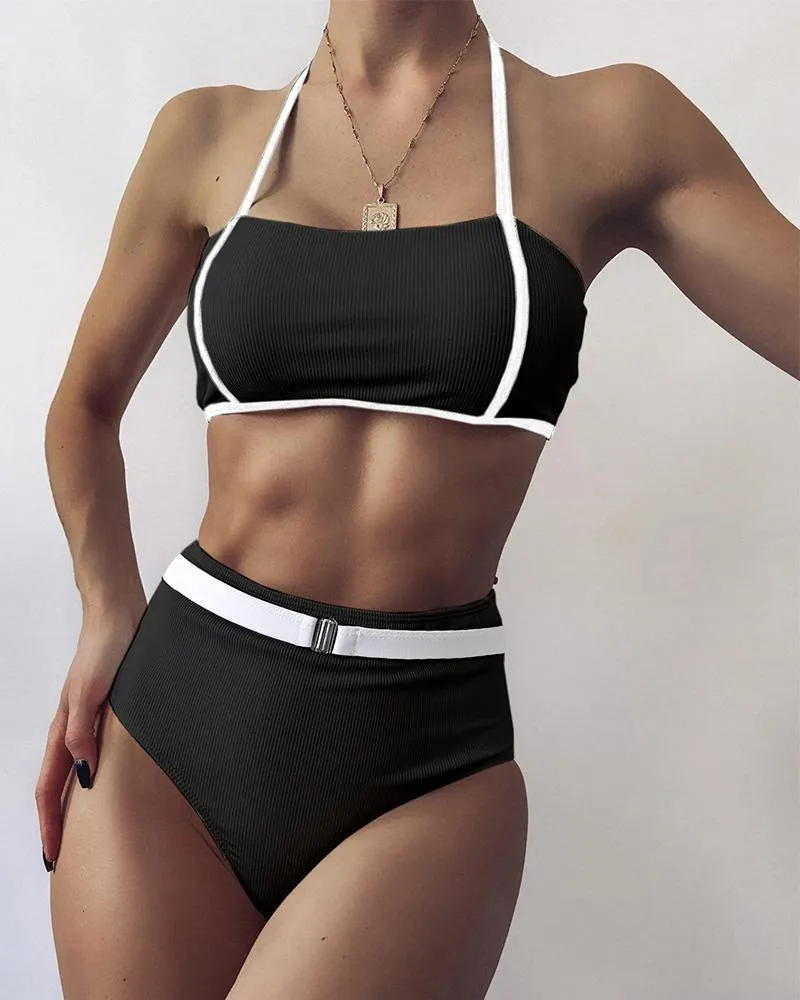 Color Contrast Strappy Tanks With Panties Bikini Sets