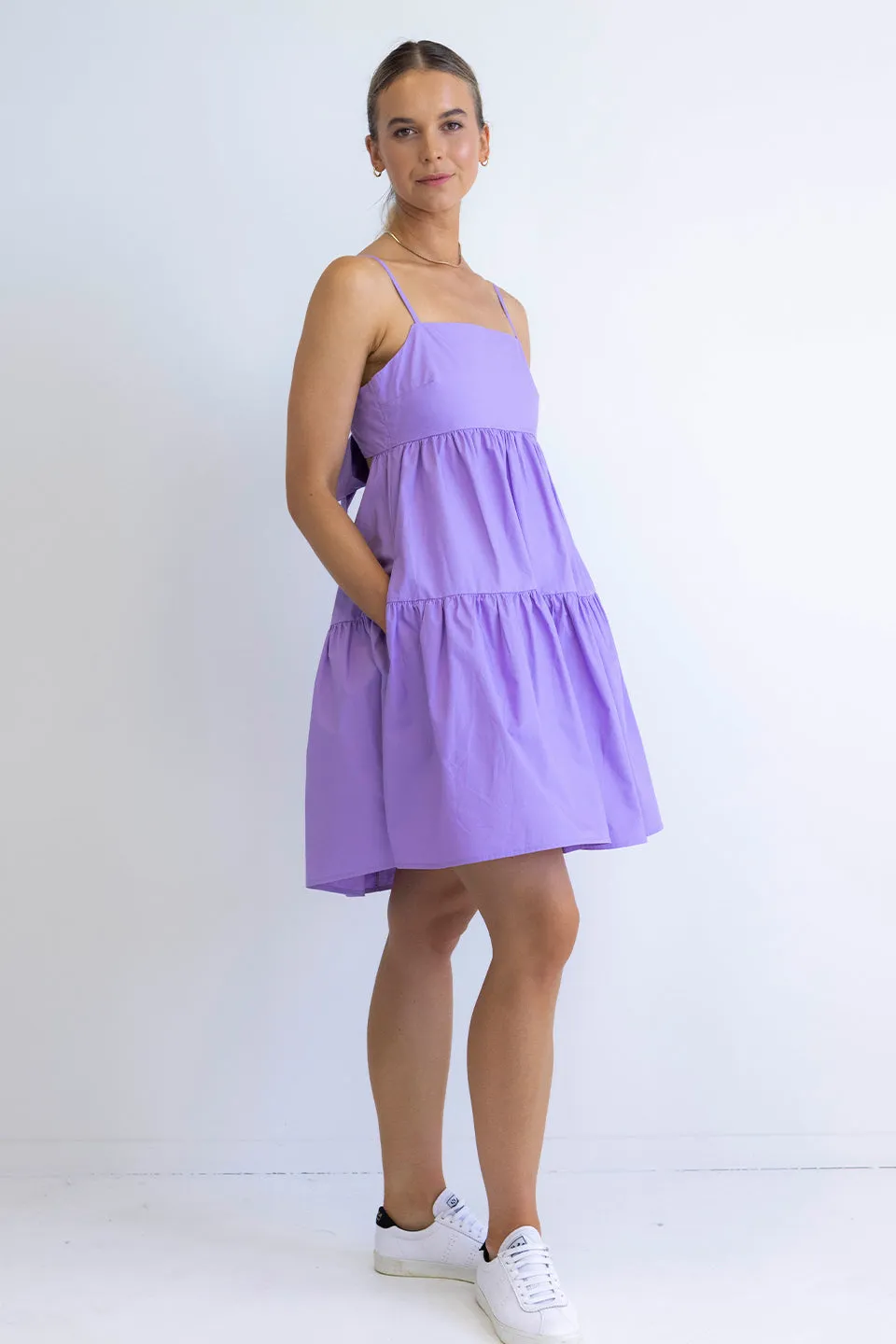 Cosmos Lilac Poplin Tiered Tie Back Strappy Mini Dress