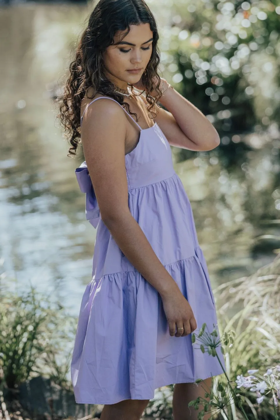Cosmos Lilac Poplin Tiered Tie Back Strappy Mini Dress