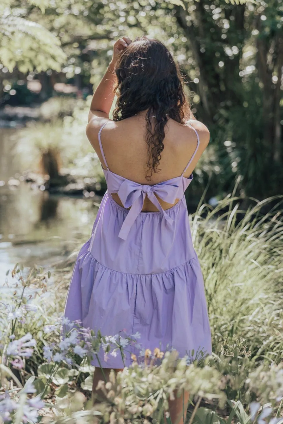Cosmos Lilac Poplin Tiered Tie Back Strappy Mini Dress