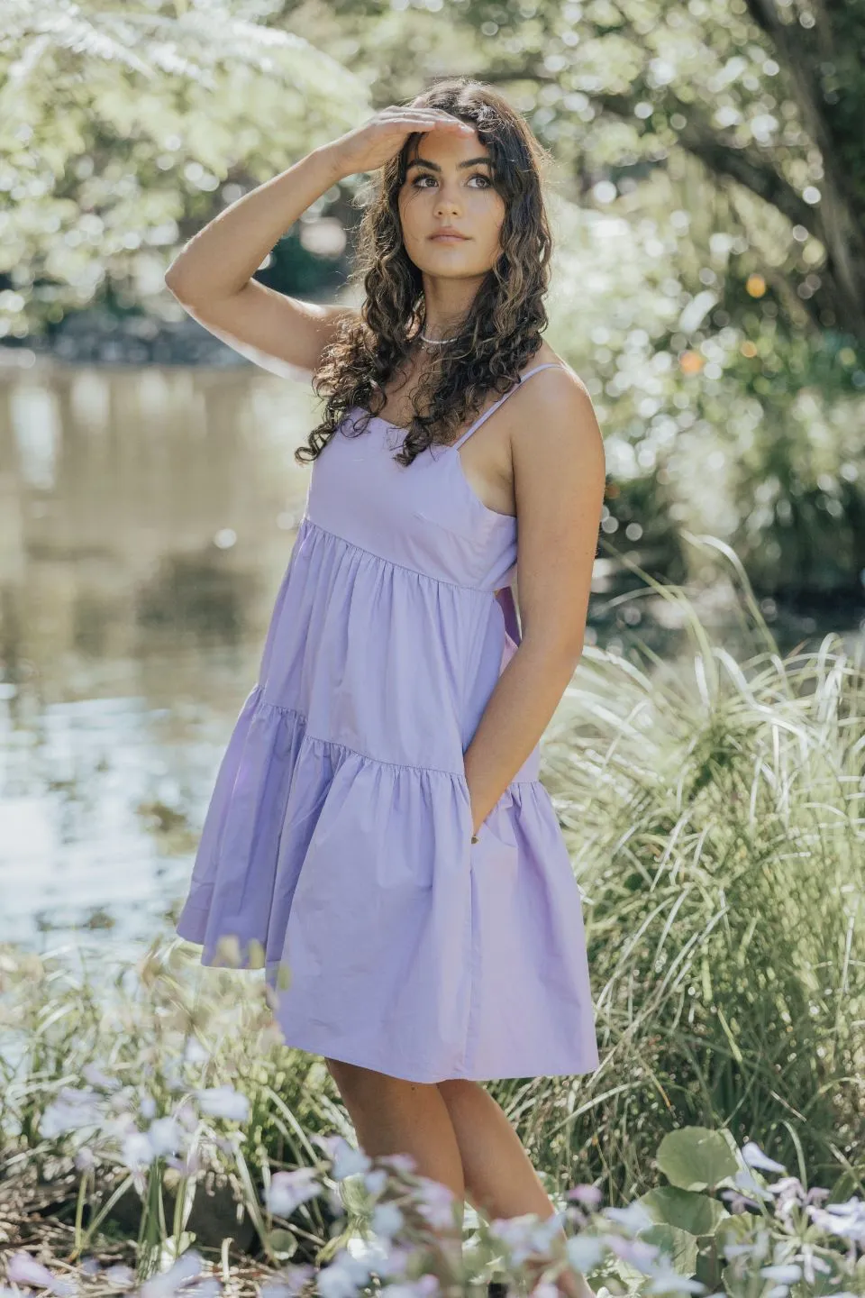 Cosmos Lilac Poplin Tiered Tie Back Strappy Mini Dress