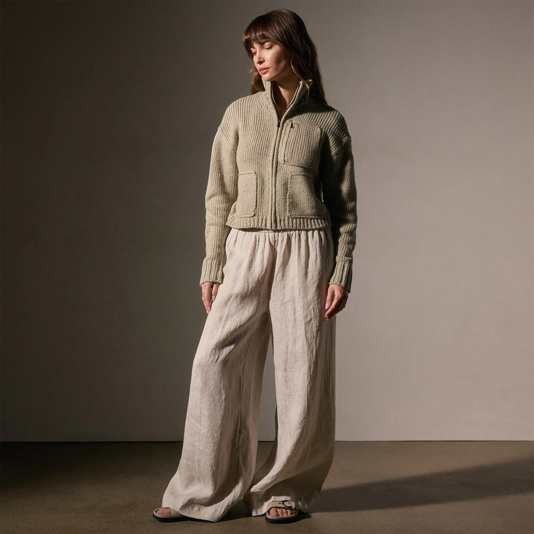 Cotton Knit Zip Front Sweater - Overcast