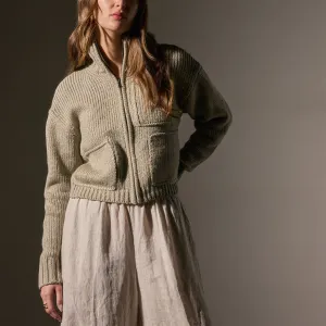 Cotton Knit Zip Front Sweater - Overcast