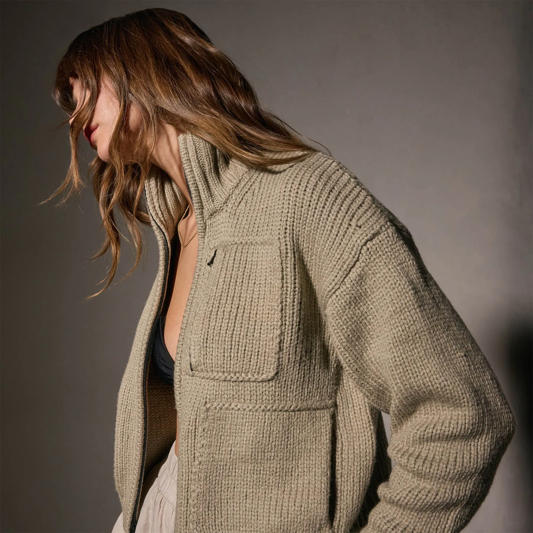 Cotton Knit Zip Front Sweater - Overcast