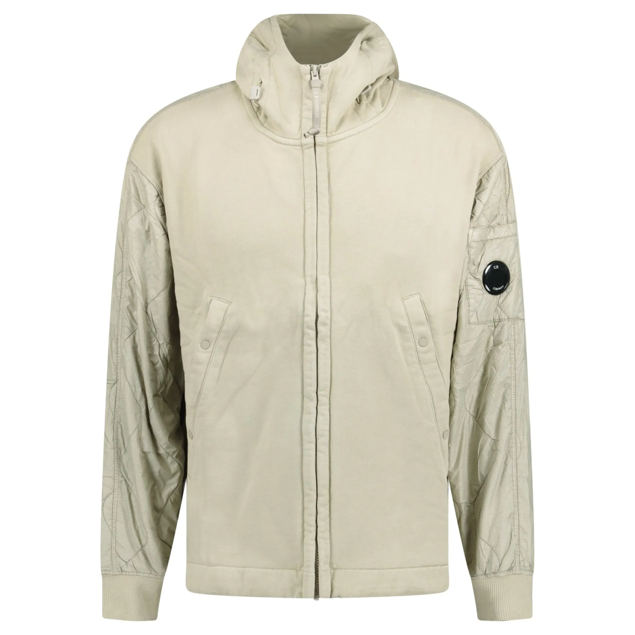 CP COMPANY DIAGONAL RAISED MIXED QUILTED LENSE HOODIE BEIGE