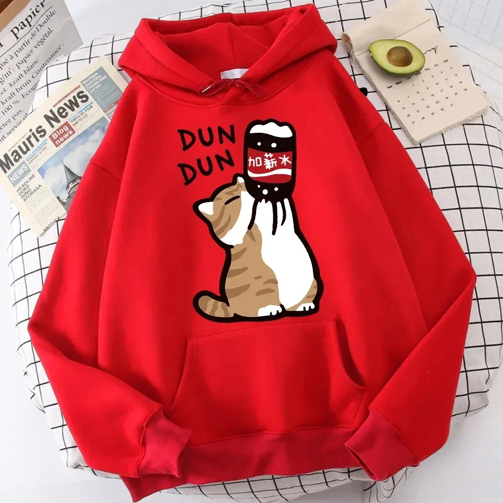 Cute Hoodies Cartoon Cat Drink Salary Increase Beverages Hoodie Casual Women's Sweatshirts Harajuku Autumn Winter Casual Tops