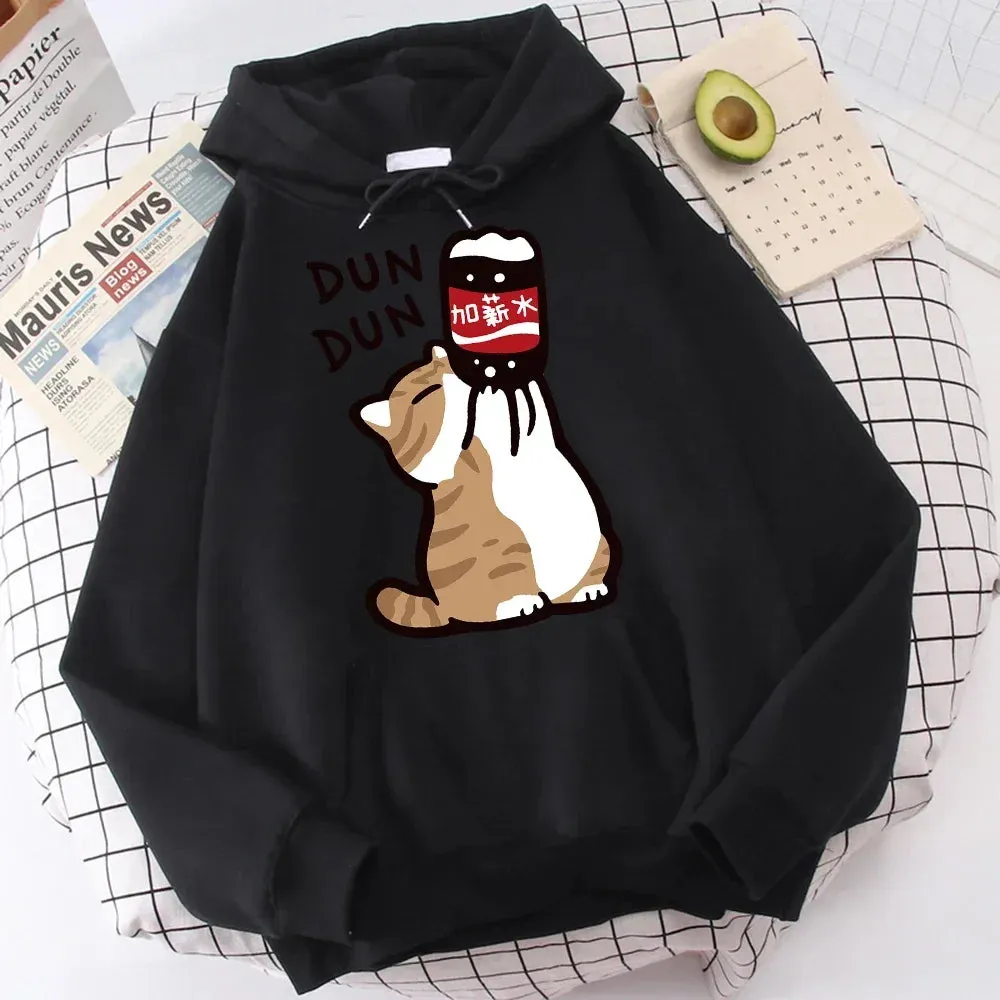 Cute Hoodies Cartoon Cat Drink Salary Increase Beverages Hoodie Casual Women's Sweatshirts Harajuku Autumn Winter Casual Tops