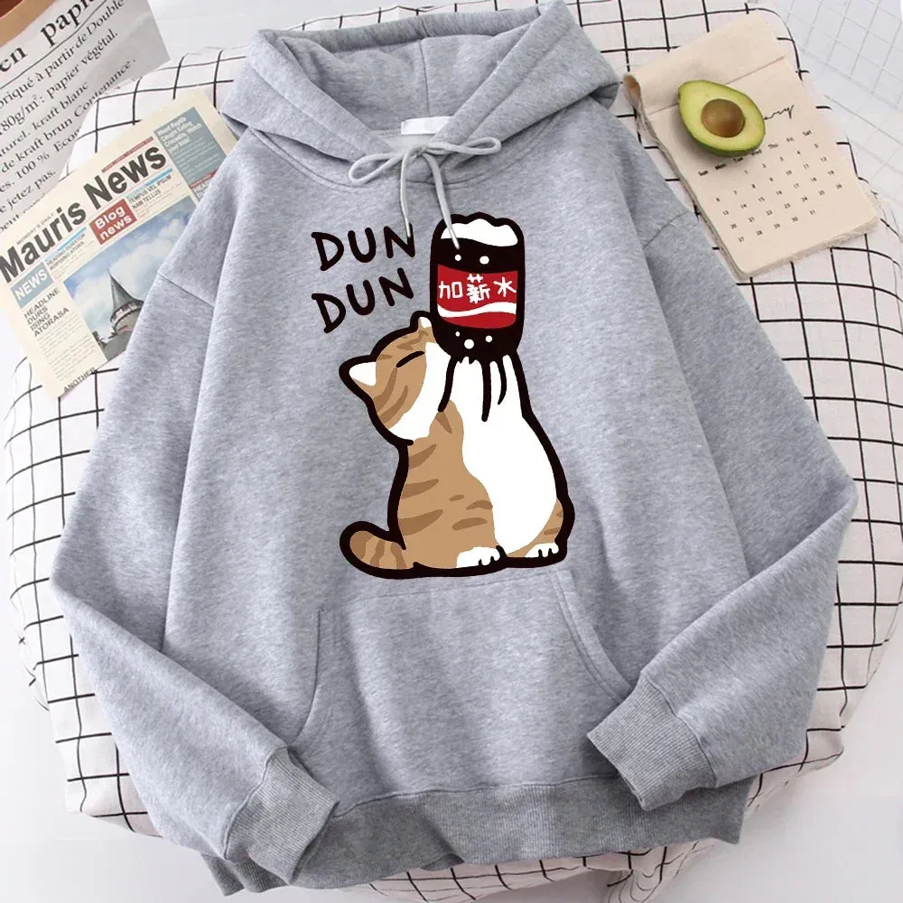 Cute Hoodies Cartoon Cat Drink Salary Increase Beverages Hoodie Casual Women's Sweatshirts Harajuku Autumn Winter Casual Tops