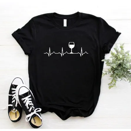 Free   Shipping Women Wine Heartbeat T Shirt
