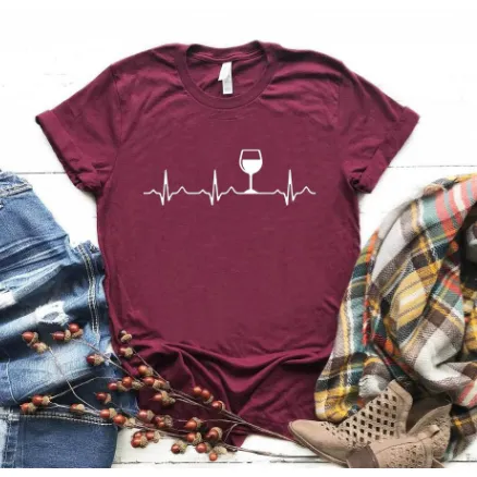 Free   Shipping Women Wine Heartbeat T Shirt