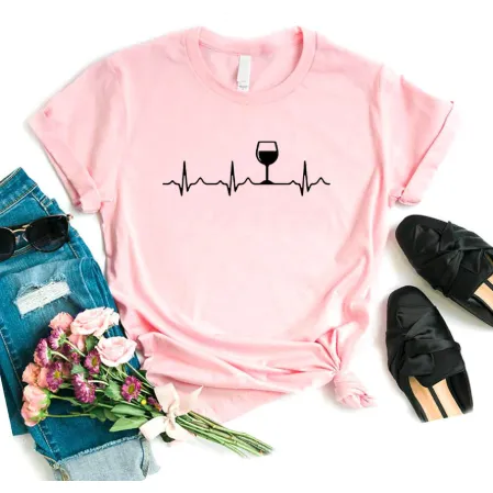 Free   Shipping Women Wine Heartbeat T Shirt