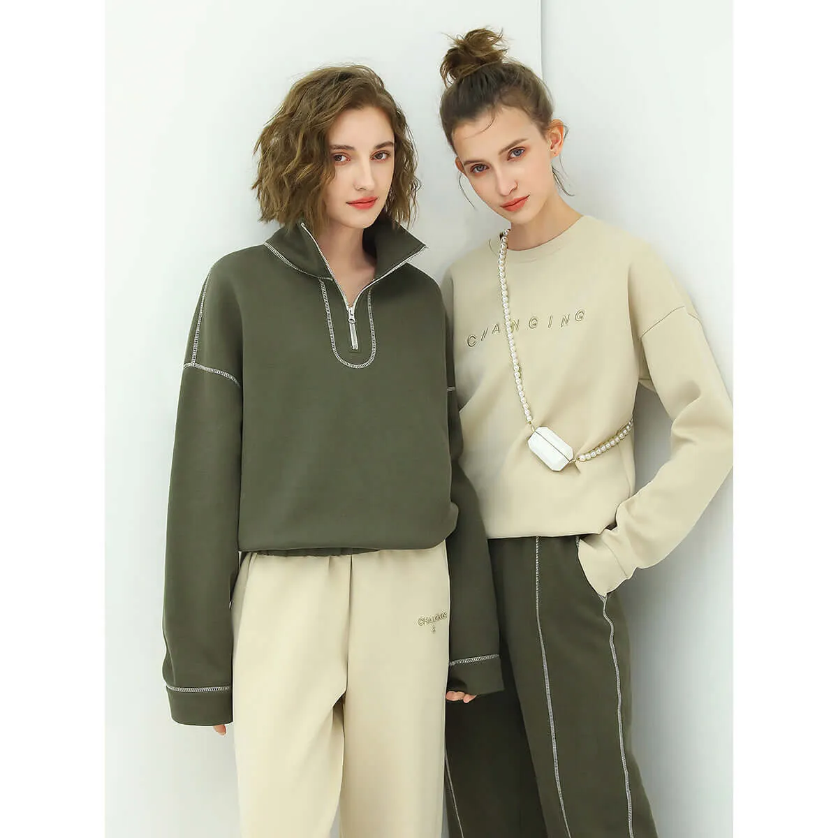 Graphic Trim Zip Up Green Sweater