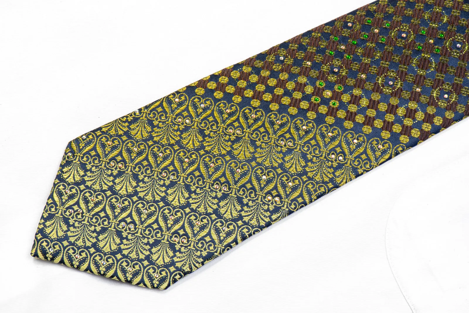 Guy Laroche Rhinestone Silk Necktie Green Anthemion Geometric On Navy With Sparkles