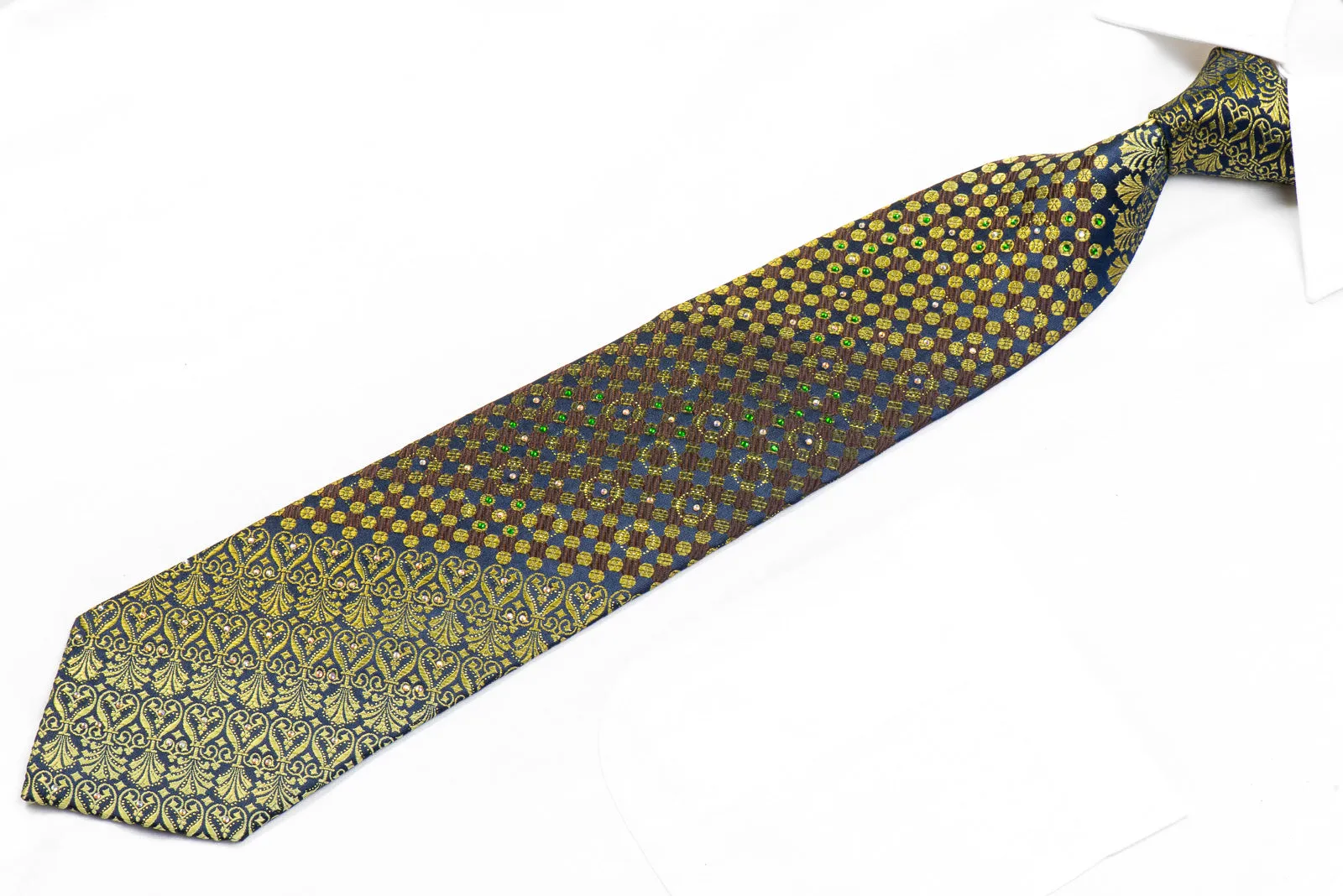 Guy Laroche Rhinestone Silk Necktie Green Anthemion Geometric On Navy With Sparkles