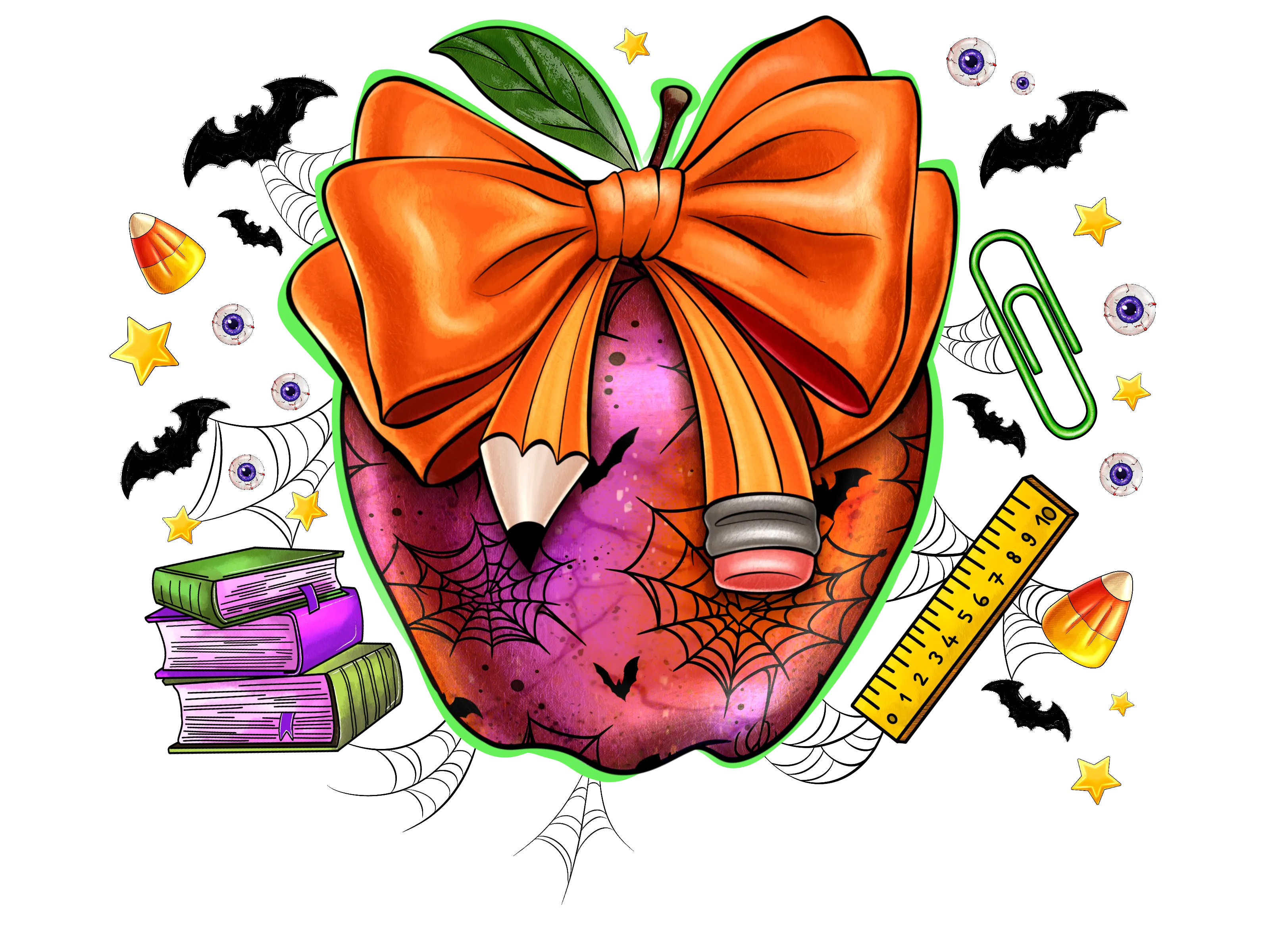 Halloween school apple heat transfer, press and peel, no shirt