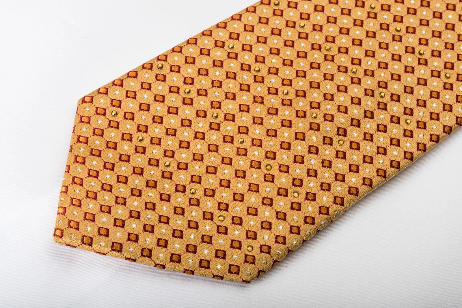 Indian Homme Rhinestone Silk Necktie Micro Squares On Gold With Silver Sparkles