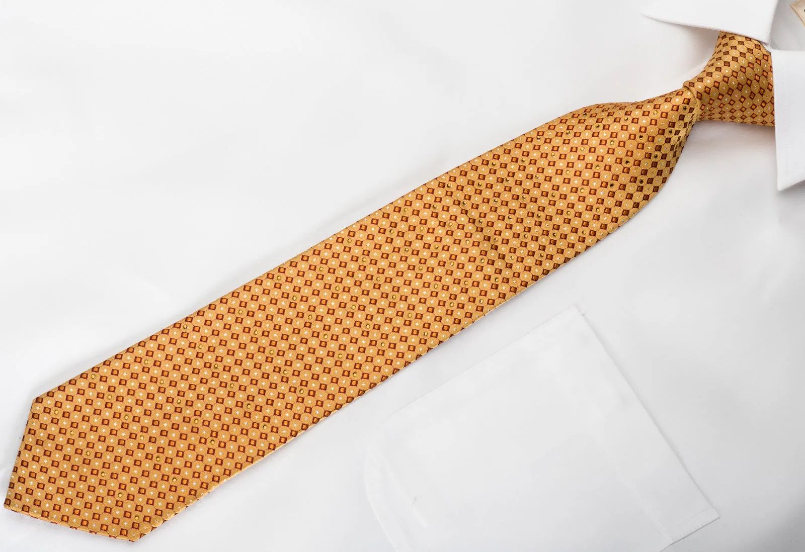 Indian Homme Rhinestone Silk Necktie Micro Squares On Gold With Silver Sparkles