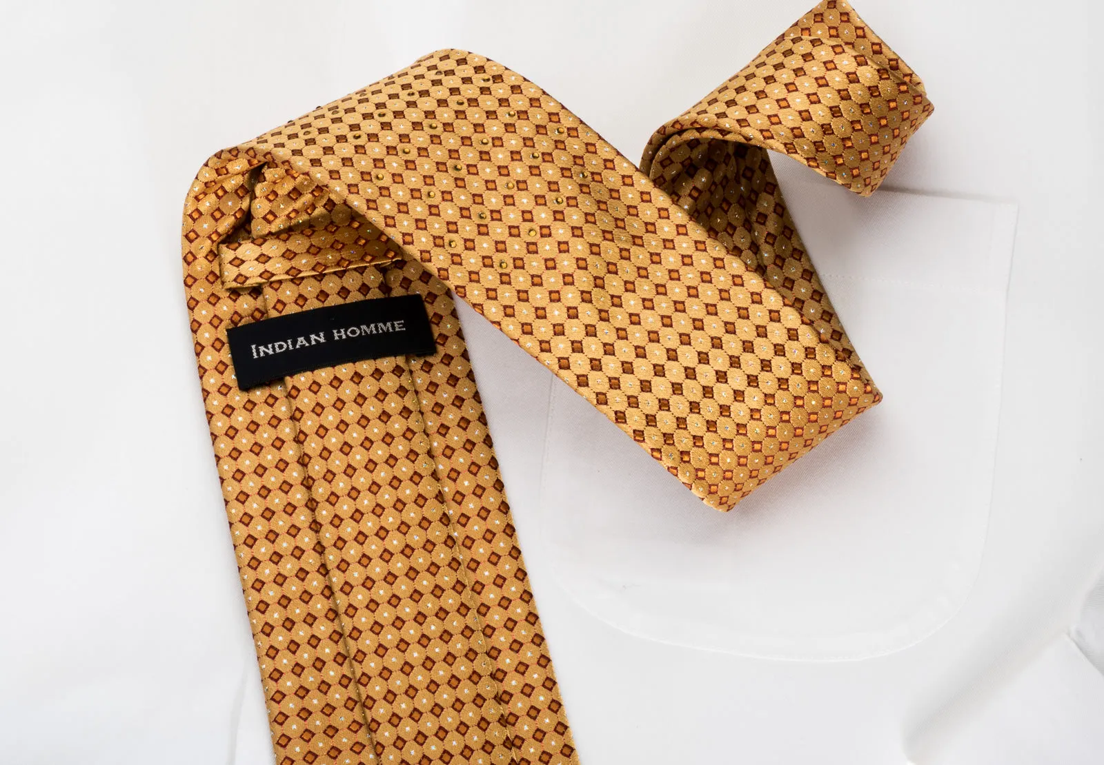 Indian Homme Rhinestone Silk Necktie Micro Squares On Gold With Silver Sparkles