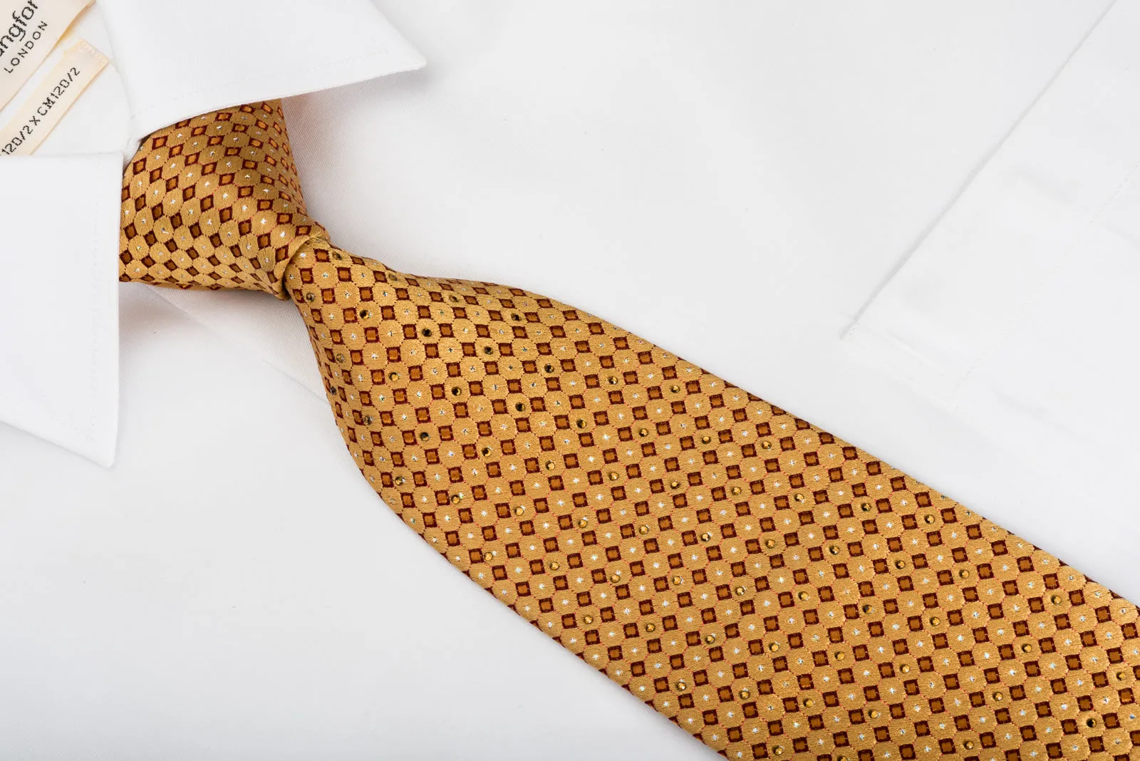Indian Homme Rhinestone Silk Necktie Micro Squares On Gold With Silver Sparkles