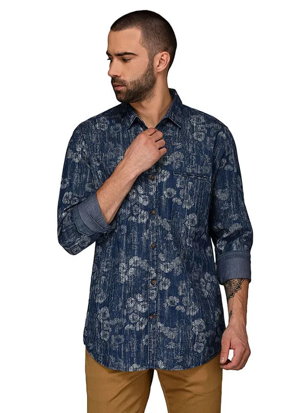 JadeBlue Navy Blue Printed Slim Fit Casual Shirt | JadeBlue