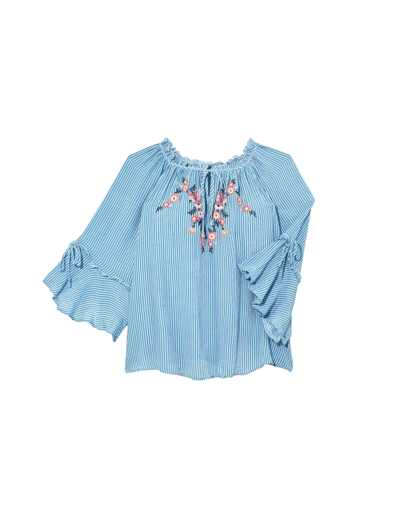 Jonie Flare Sleeve Tie Neck Blouse | Azure Blue / White