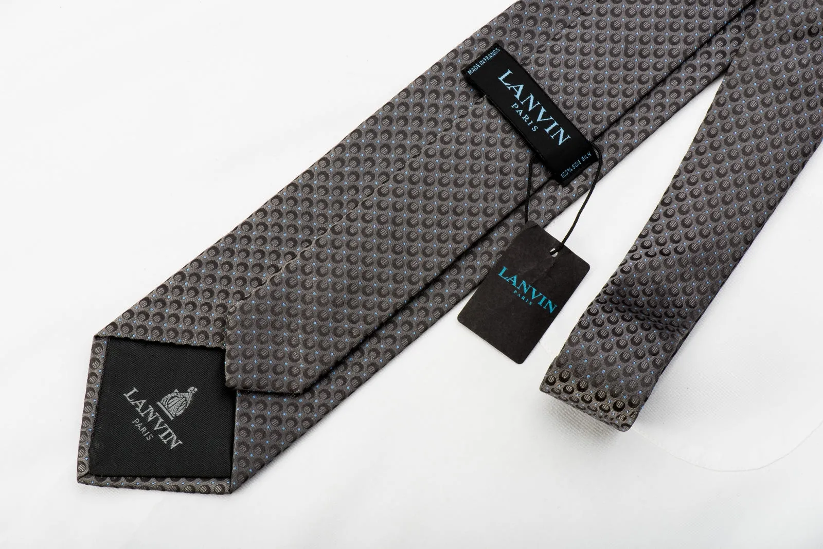 Lanvin Men's Silk Tie Black & Blue Dots On Dark Gray Silk