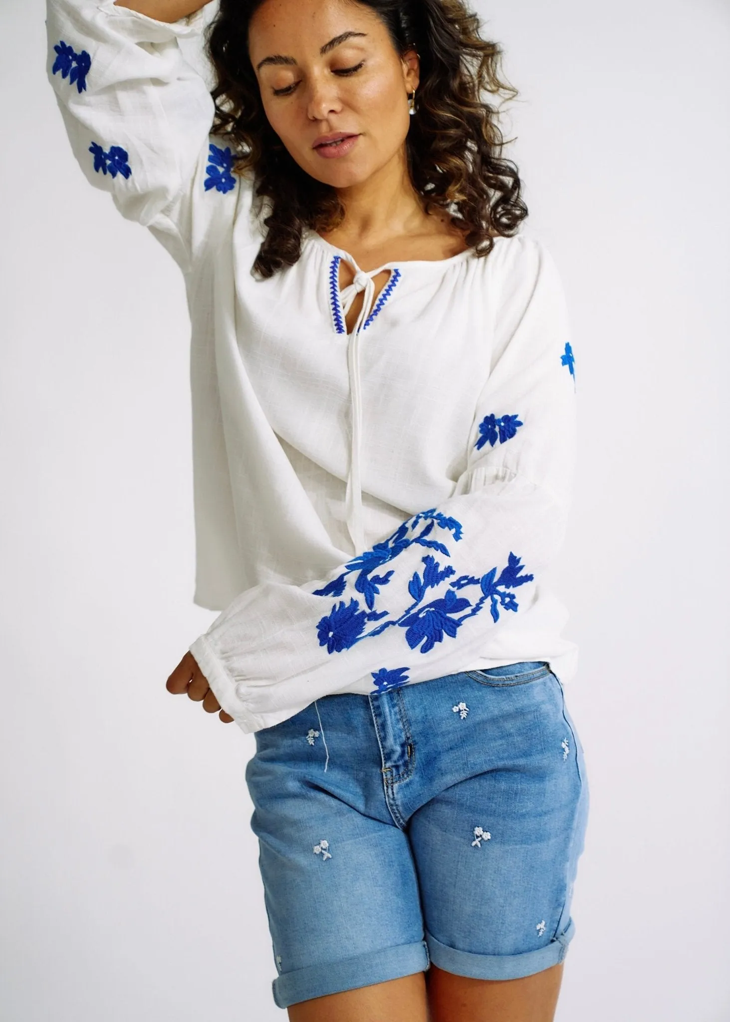 Linen Blend Peasant Blouse with Navy Embroidery