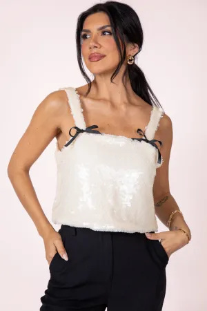 Make It Shine Ivory Bow Detail Sequin Tank FINAL SALE