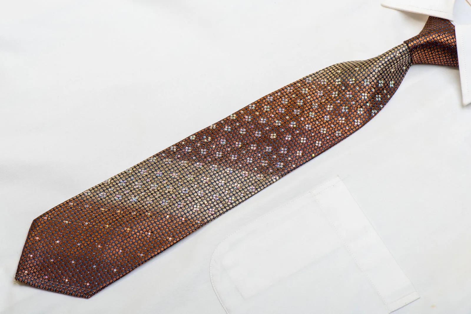 Men's Crystal Rhinestone Necktie Brown Geometric On Navy With Sparkles