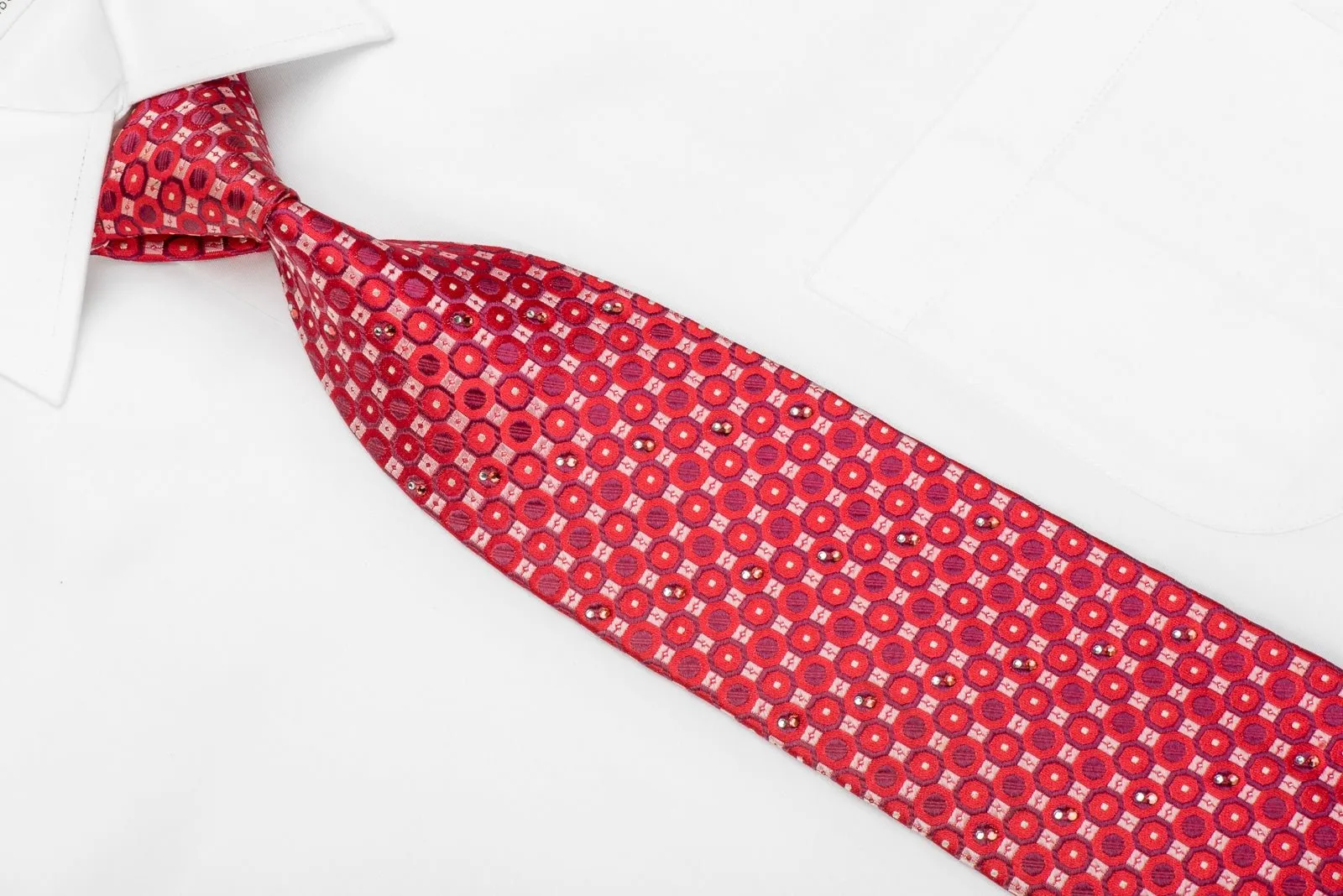 Men's Crystal Silk Necktie Geometric Circles On Red With Silver Sparkles