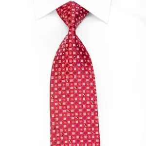 Men's Crystal Silk Necktie Geometric Circles On Red With Silver Sparkles