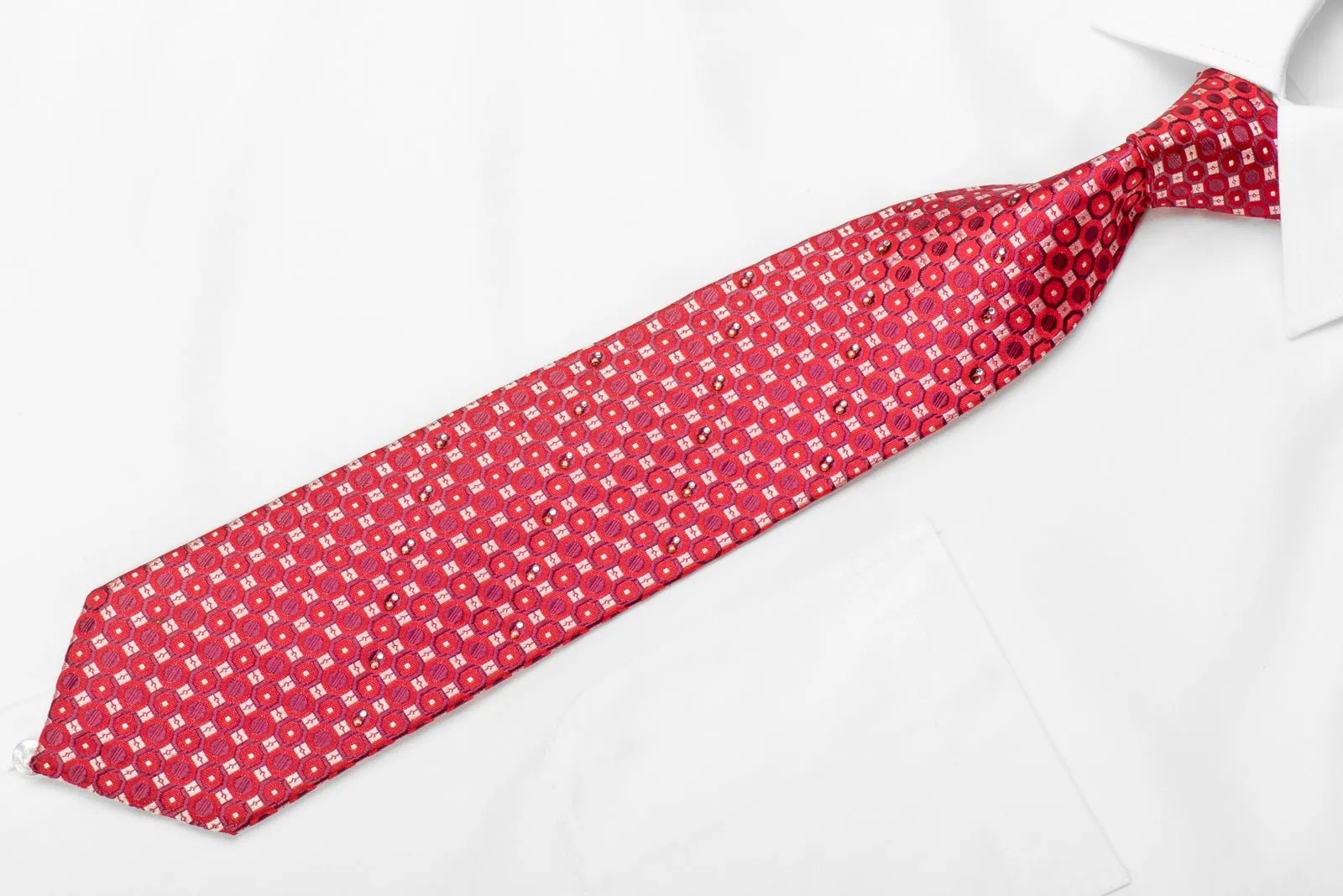 Men's Crystal Silk Necktie Geometric Circles On Red With Silver Sparkles