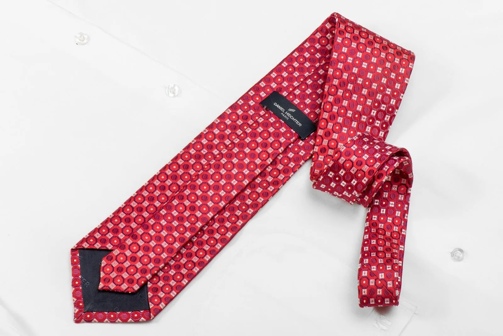 Men's Crystal Silk Necktie Geometric Circles On Red With Silver Sparkles
