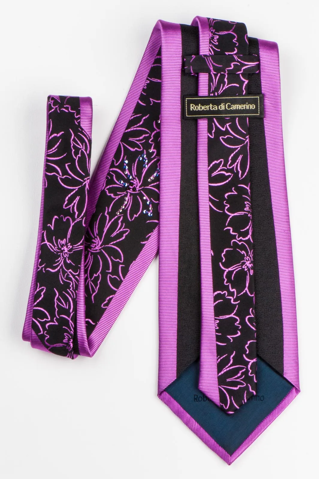 Men's Neck Tie By Roberta di Camerino Purple Floral On Black With Rhinestones