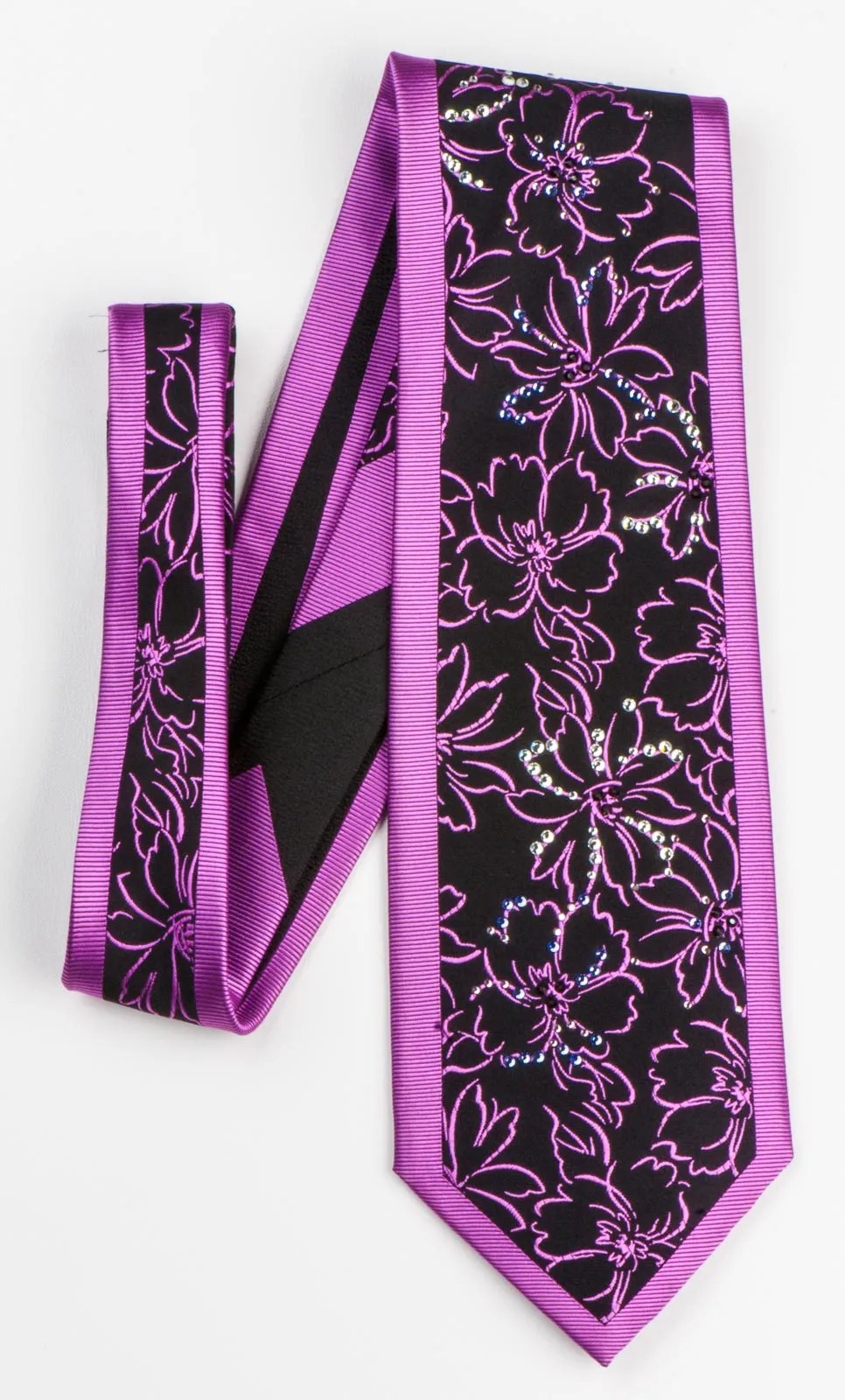 Men's Neck Tie By Roberta di Camerino Purple Floral On Black With Rhinestones