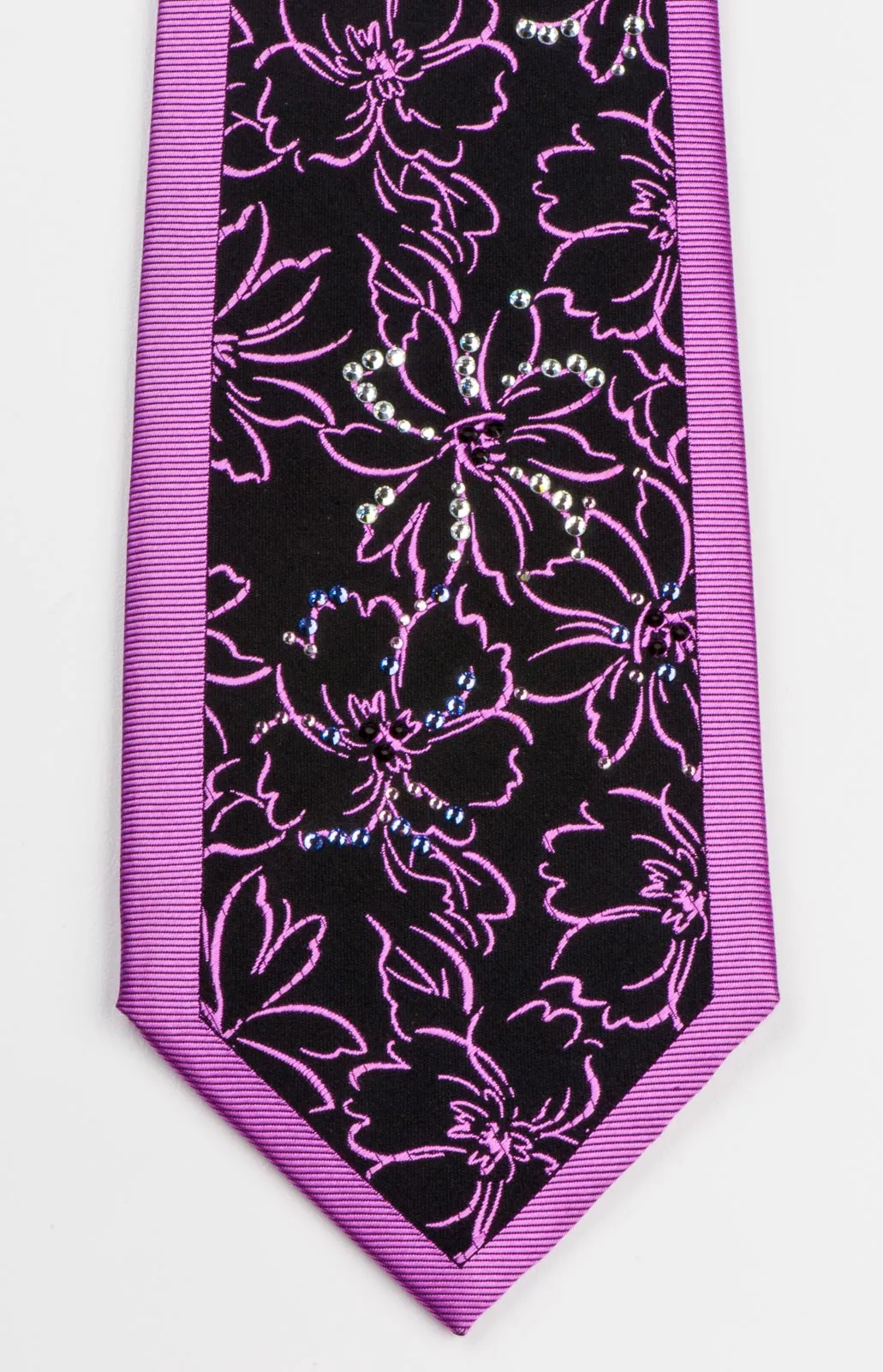 Men's Neck Tie By Roberta di Camerino Purple Floral On Black With Rhinestones