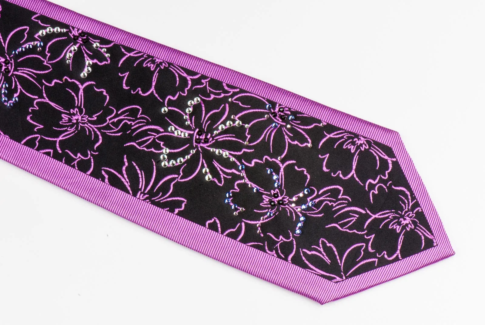 Men's Neck Tie By Roberta di Camerino Purple Floral On Black With Rhinestones